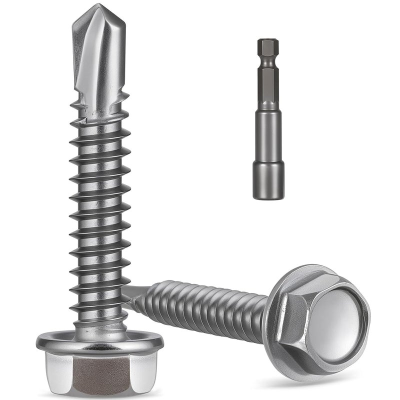Krysay Self Drilling Screws for Metal,#8 x 1-1/4" (100Pcs),Hex Washer Head 410 Stainless Steel,Self Tapping Sheet Metal Roofing Screws with Driver Bit - Image 1